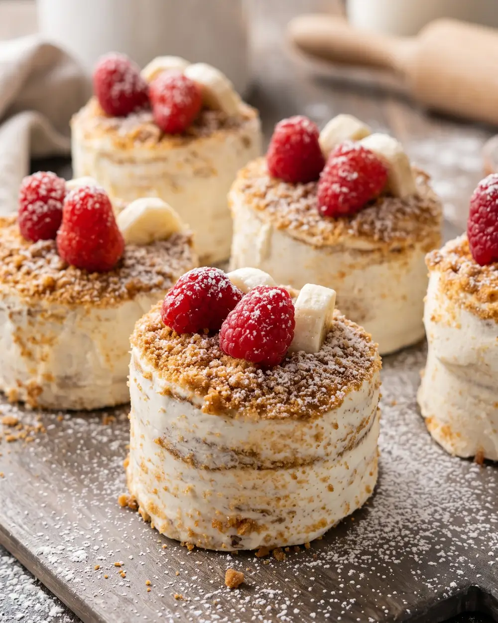 Mini honey cakes topped with crumbs, raspberries and banana slices