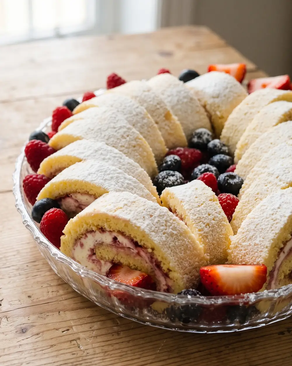 A glass platter of sliced cream roulette surrounded by raspberries and blueberries